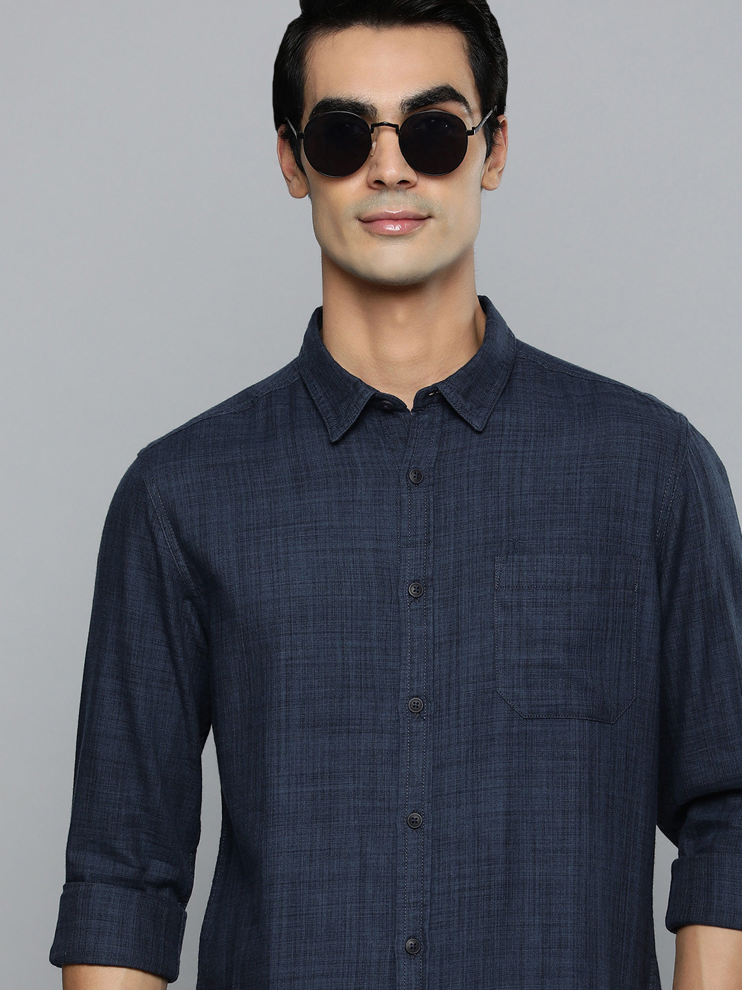 

Flying Machine Men Navy Blue Regular Fit Solid Opaque Casual Shirt with Chest Pocket