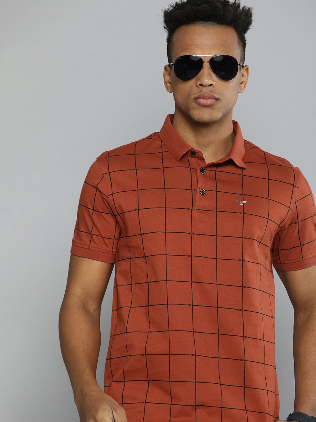 

Flying Machine Men Rust Checked Polo Collar Pure Cotton T-shirt