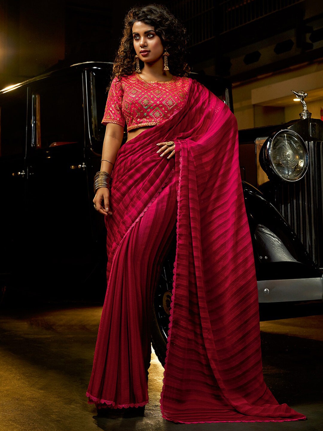 

Shaily Pink Striped Pure Chiffon Saree