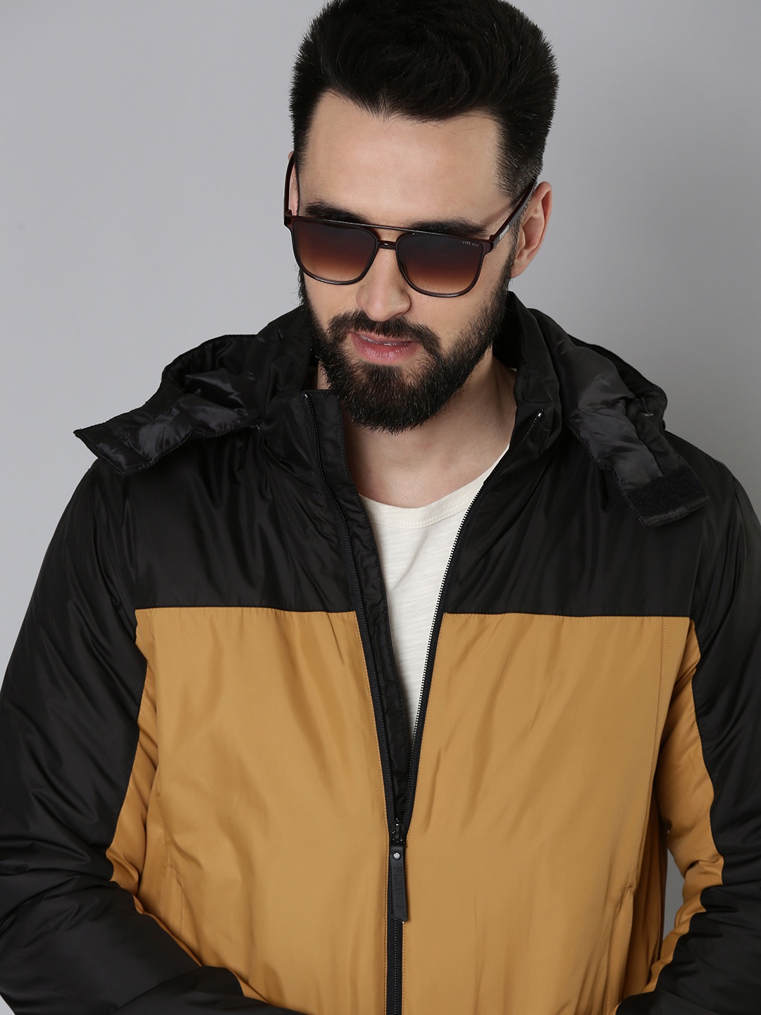 

Flying Machine Men Mustard Yellow & Black Colourblocked Puffer Jacket