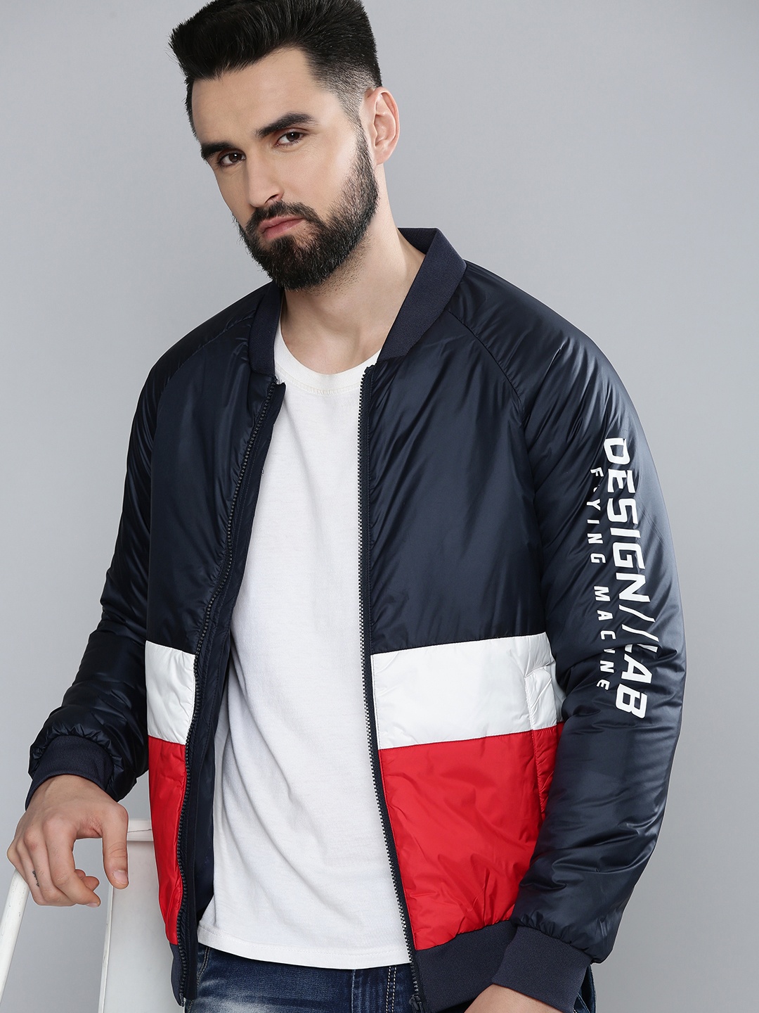 

Flying Machine Men Navy Blue & Red Colourblocked Bomber Jacket