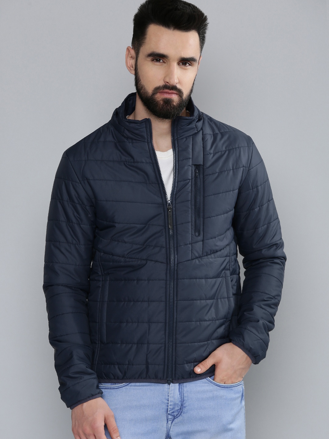 

Flying Machine Men Navy Blue Solid Hooded Puffer Jacket
