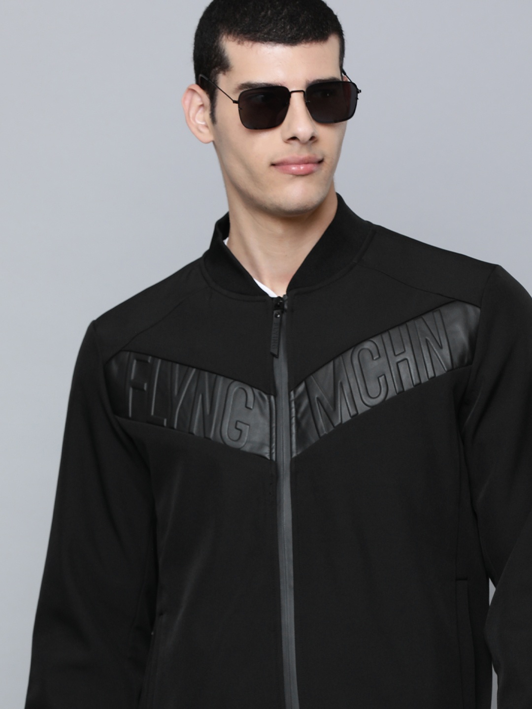 

Flying Machine Men Black Brand Logo Bomber Jacket