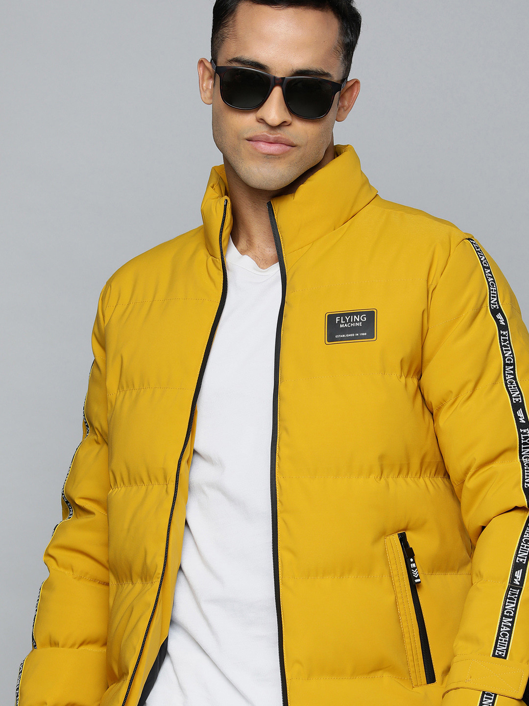 

Flying Machine Men Mustard Brand Logo Printed Mock-Collar Puffer Jacket With Tape Detail