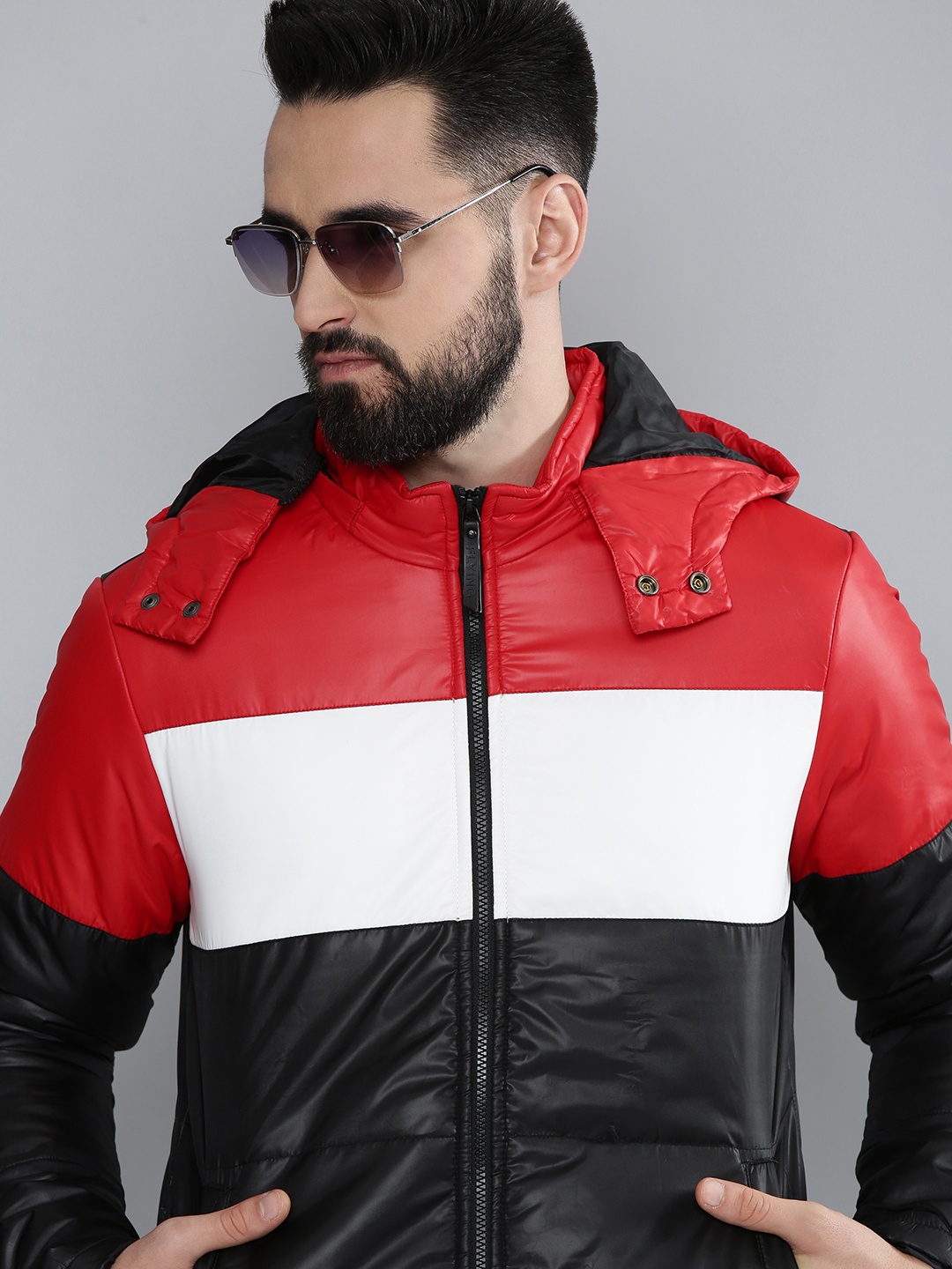 

Flying Machine Men Black & Red Colourblocked Hooded Puffer Jacket