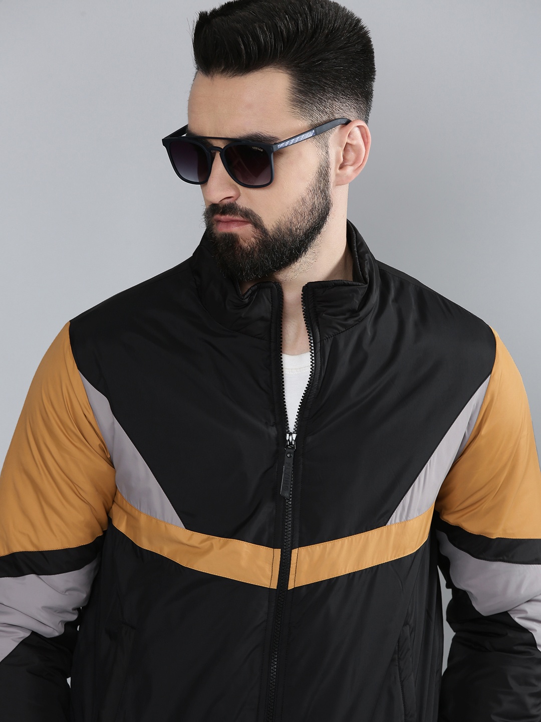 

Flying Machine Men Black & Yellow Striped Bomber Jacket