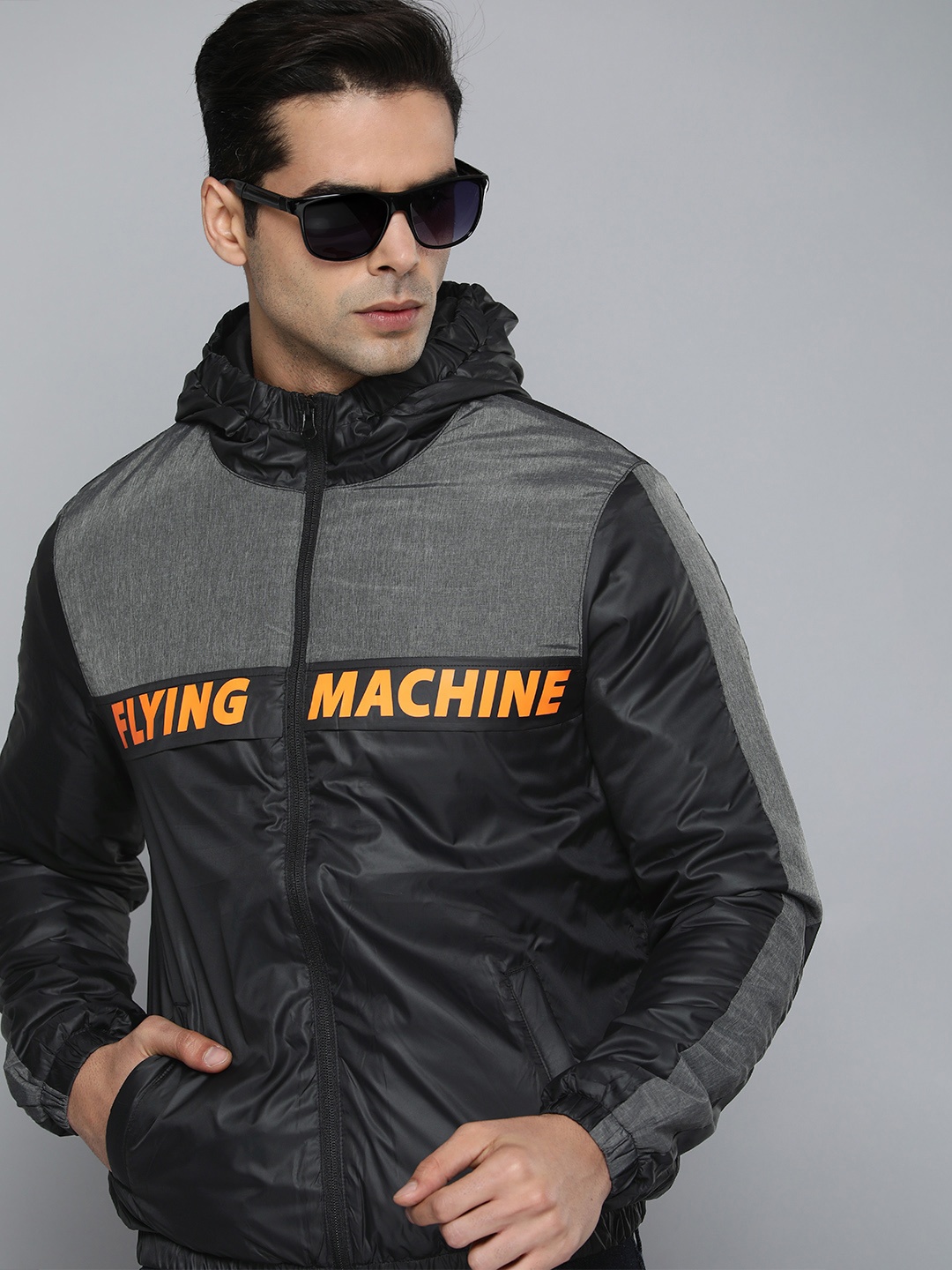 

Flying Machine Men Black & Charcoal Grey Colourblocked Padded Jacket