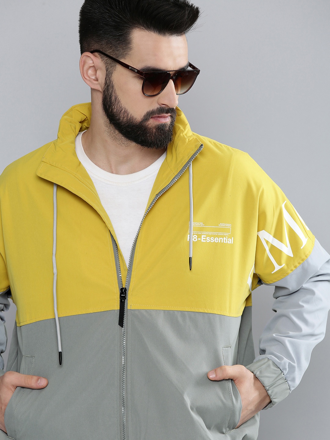 

Flying Machine Men Mustard Yellow & Grey Colourblocked Lightweight Bomber Jacket