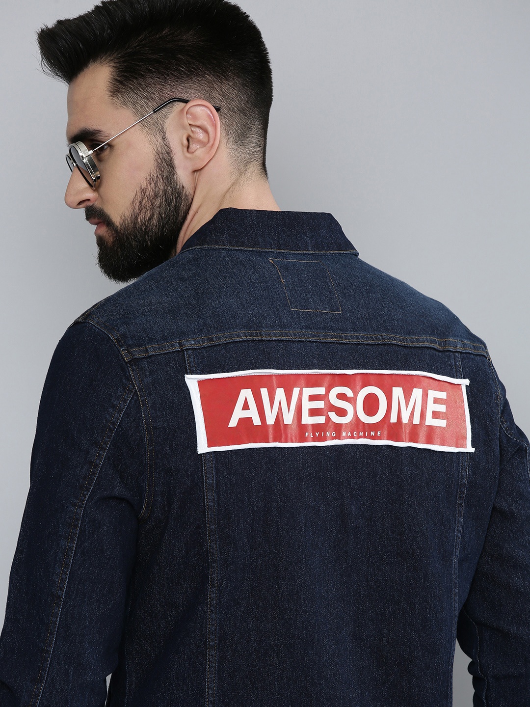 Flying Machine Men Blue Typography Printed Denim Trucker Jacket