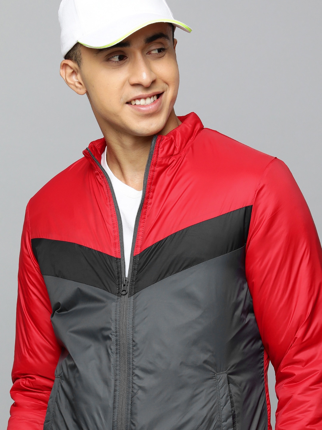 

Flying Machine Men Red Grey Colourblocked Bomber Jacket
