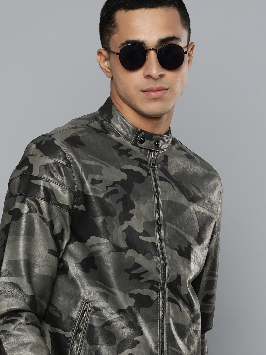 

Flying Machine Men Grey & Black Camouflage Biker Jacket