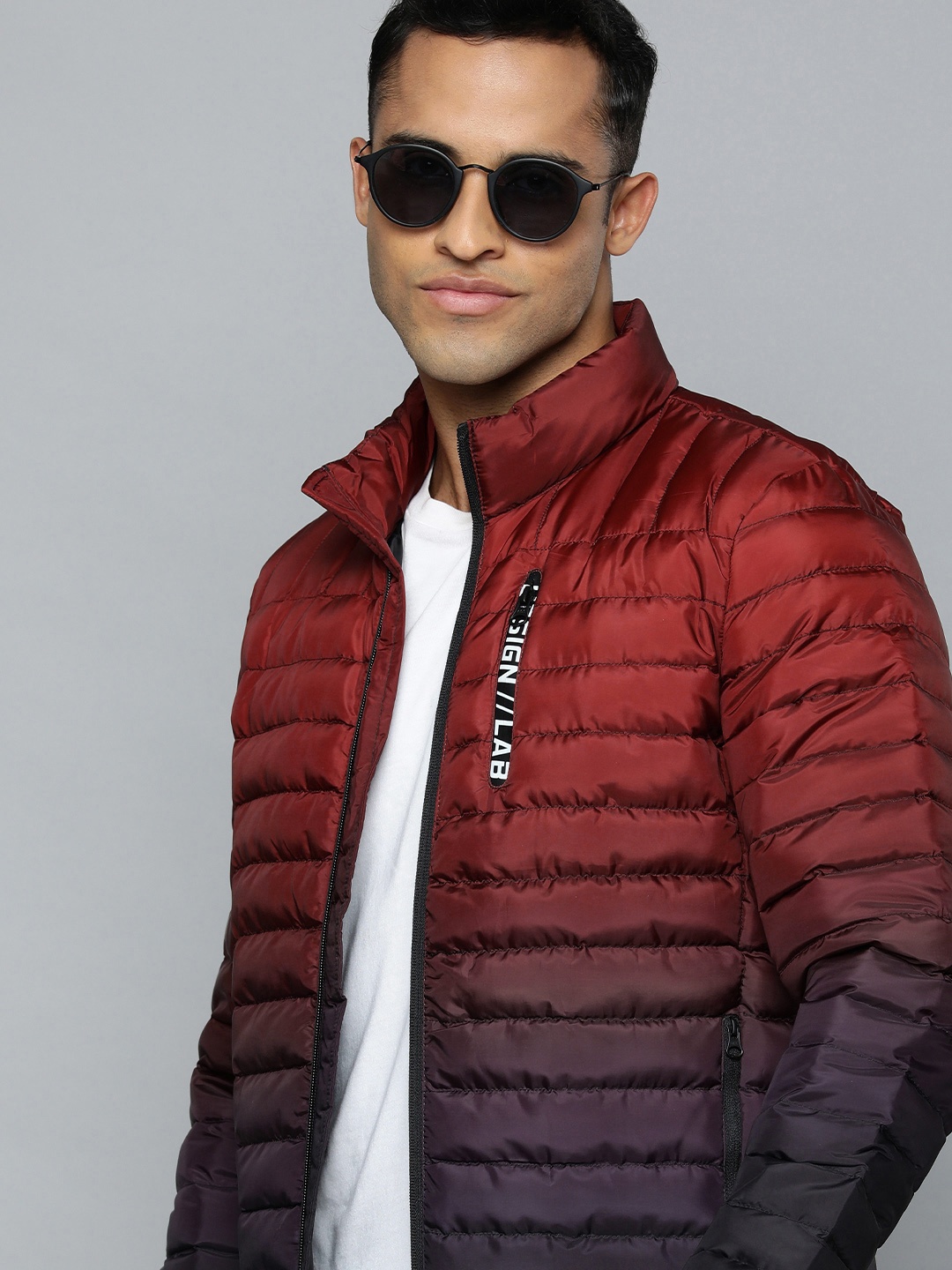 

Flying Machine Men Red And Purple Mock-Collar Ombre Puffer Jacket