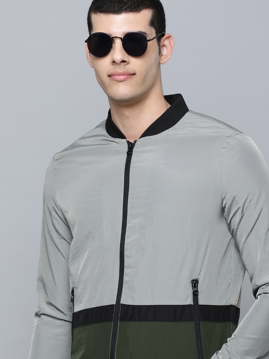 

Flying Machine Men Grey & Olive Green Colourblocked Bomber Jacket