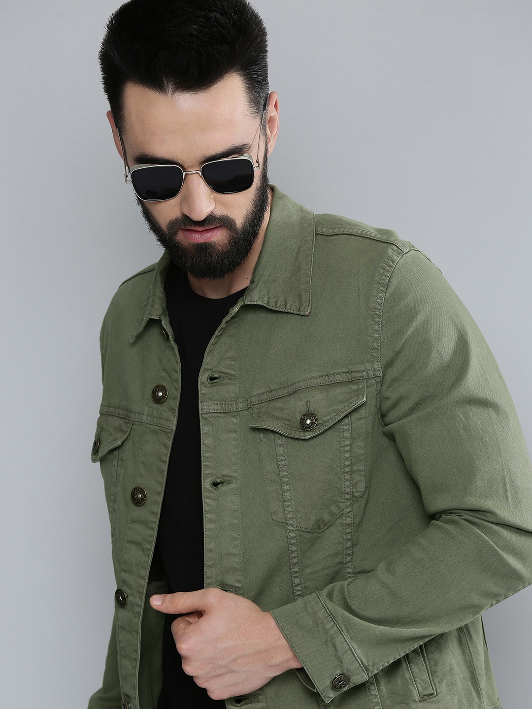 

Flying Machine Men Olive Green Solid Denim Trucker Jacket