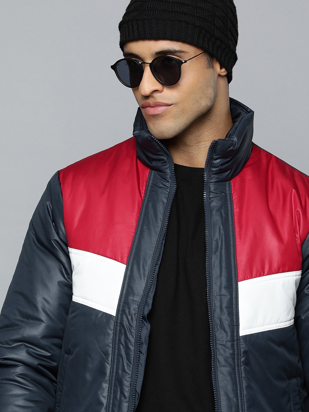 

Flying Machine Men Navy Blue And Red Colourblocked Padded Jacket