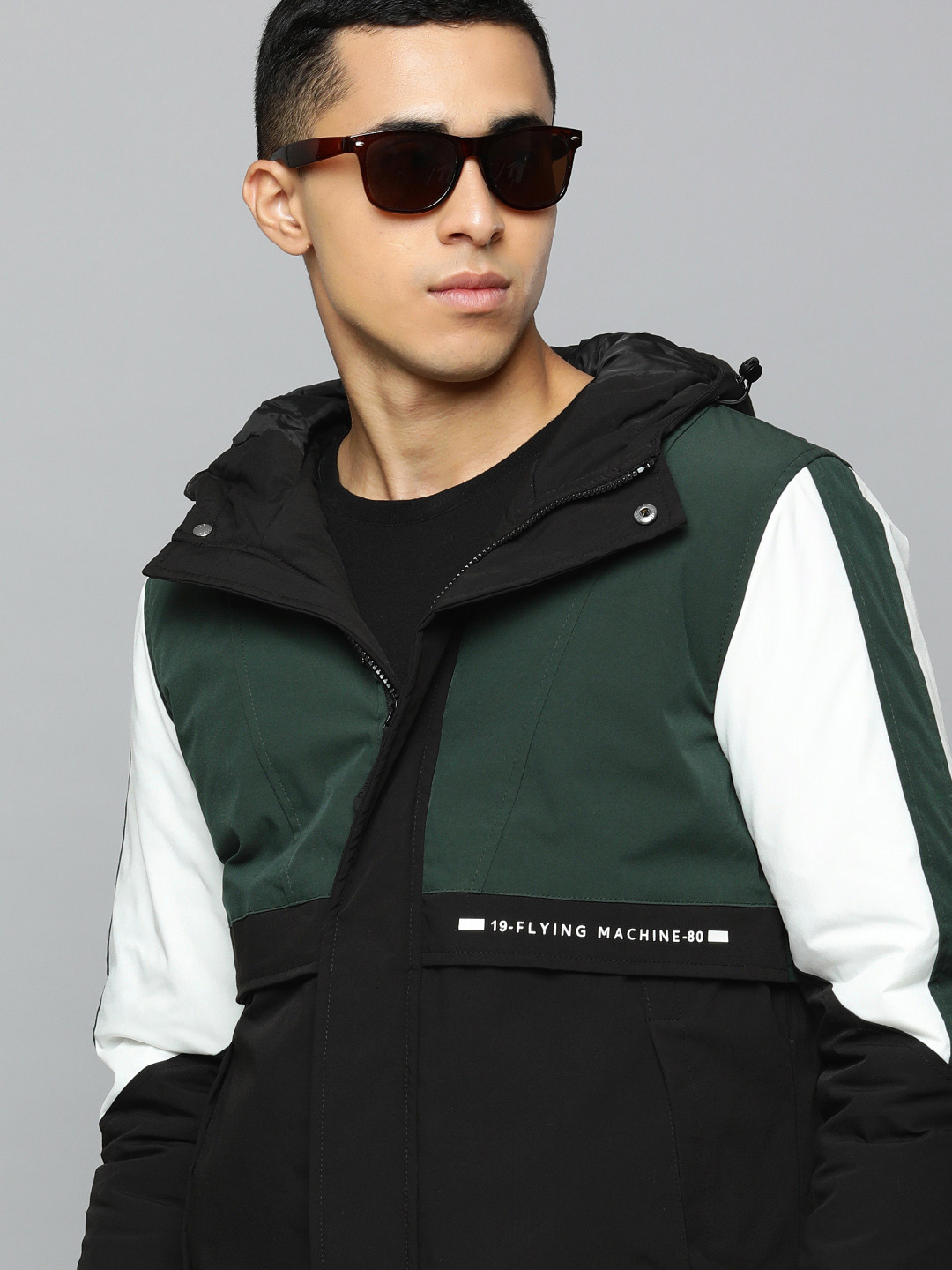 

Flying Machine Men Olive Green and Black Colorblocked Bomber Jacket