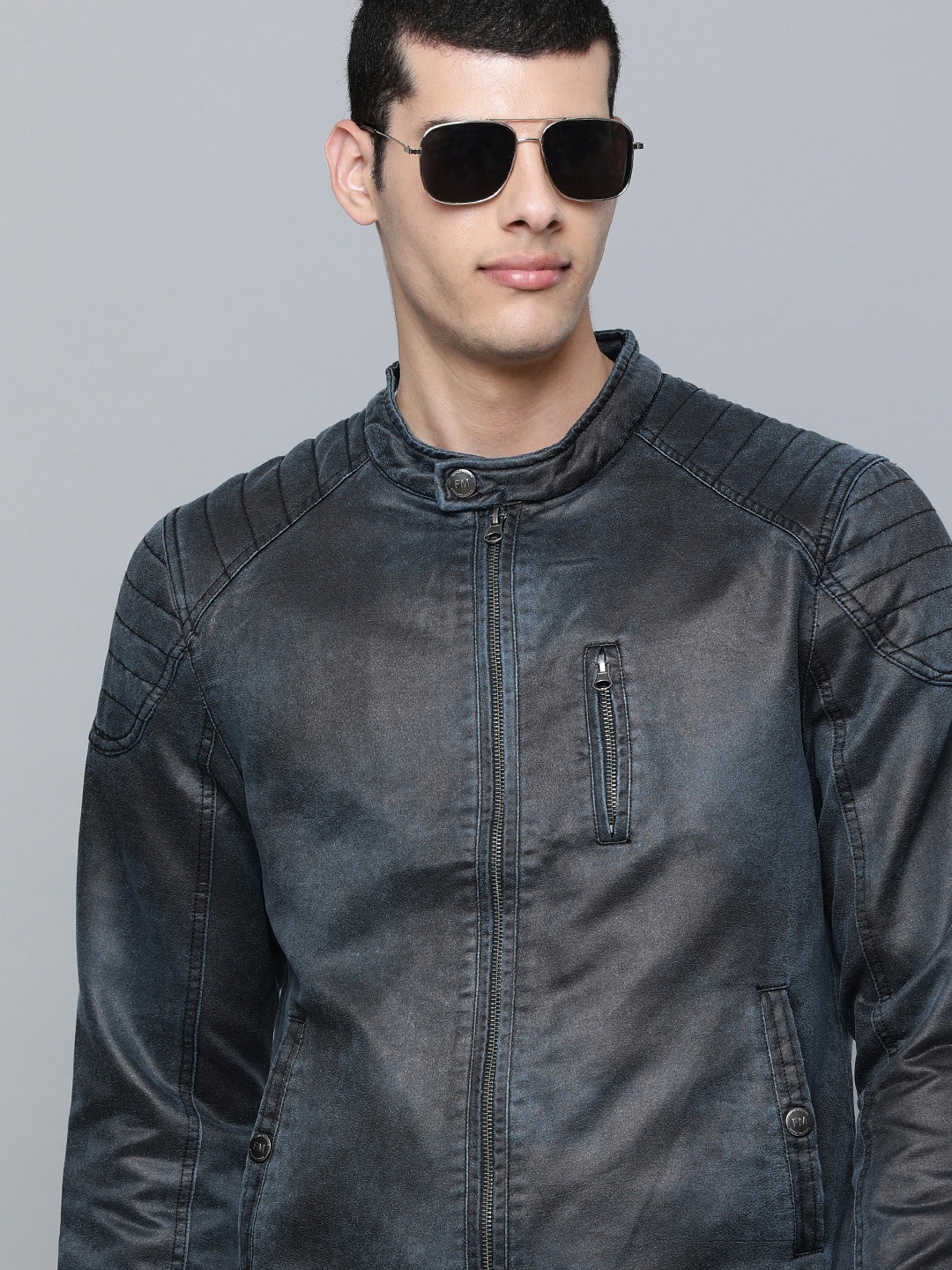 

Flying Machine Men Navy Blue Washed Biker Jacket With Zip & Shoulder Tabs Detail