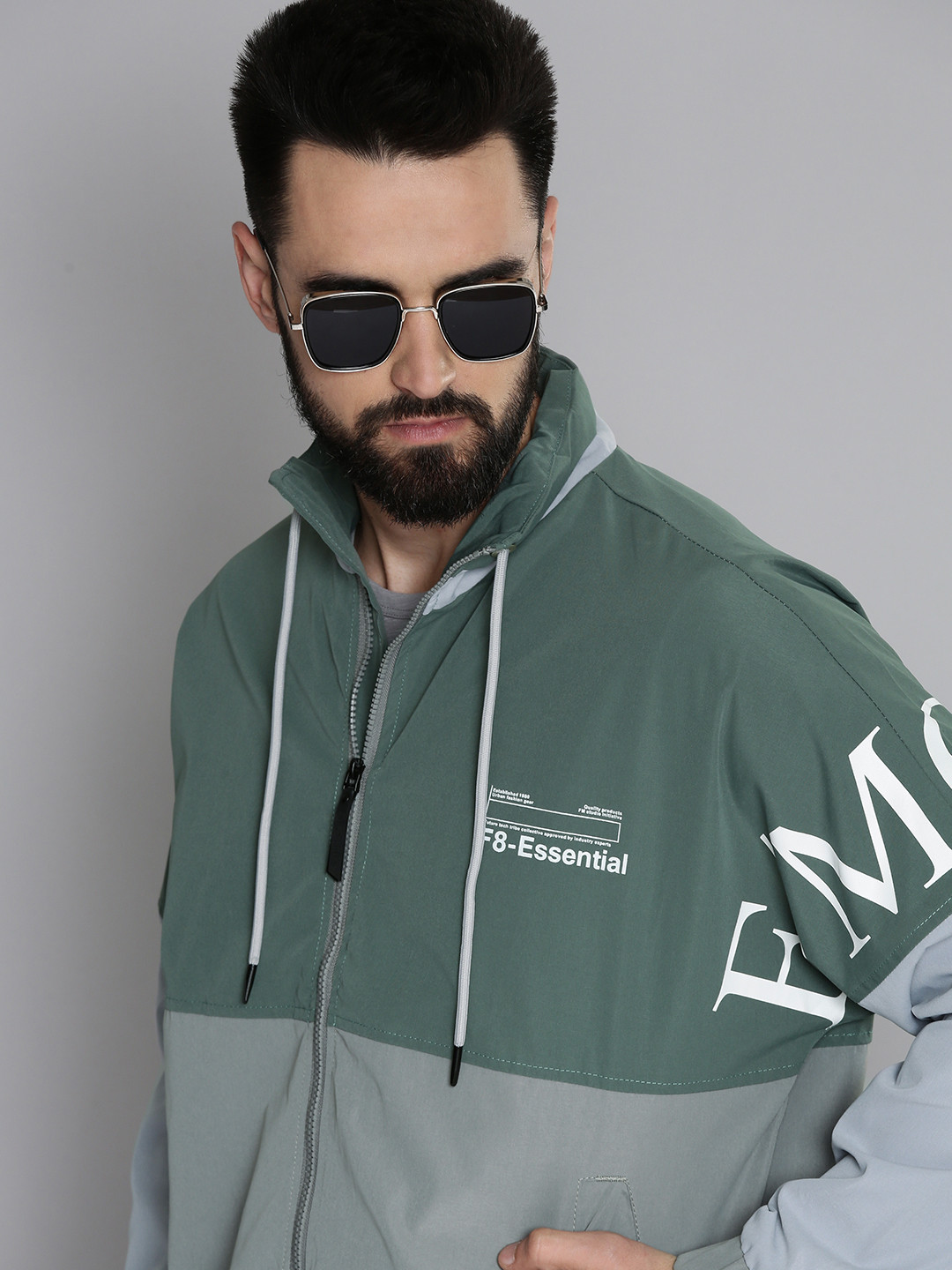 

Flying Machine Men Olive Green & Grey Colourblocked Bomber Jacket