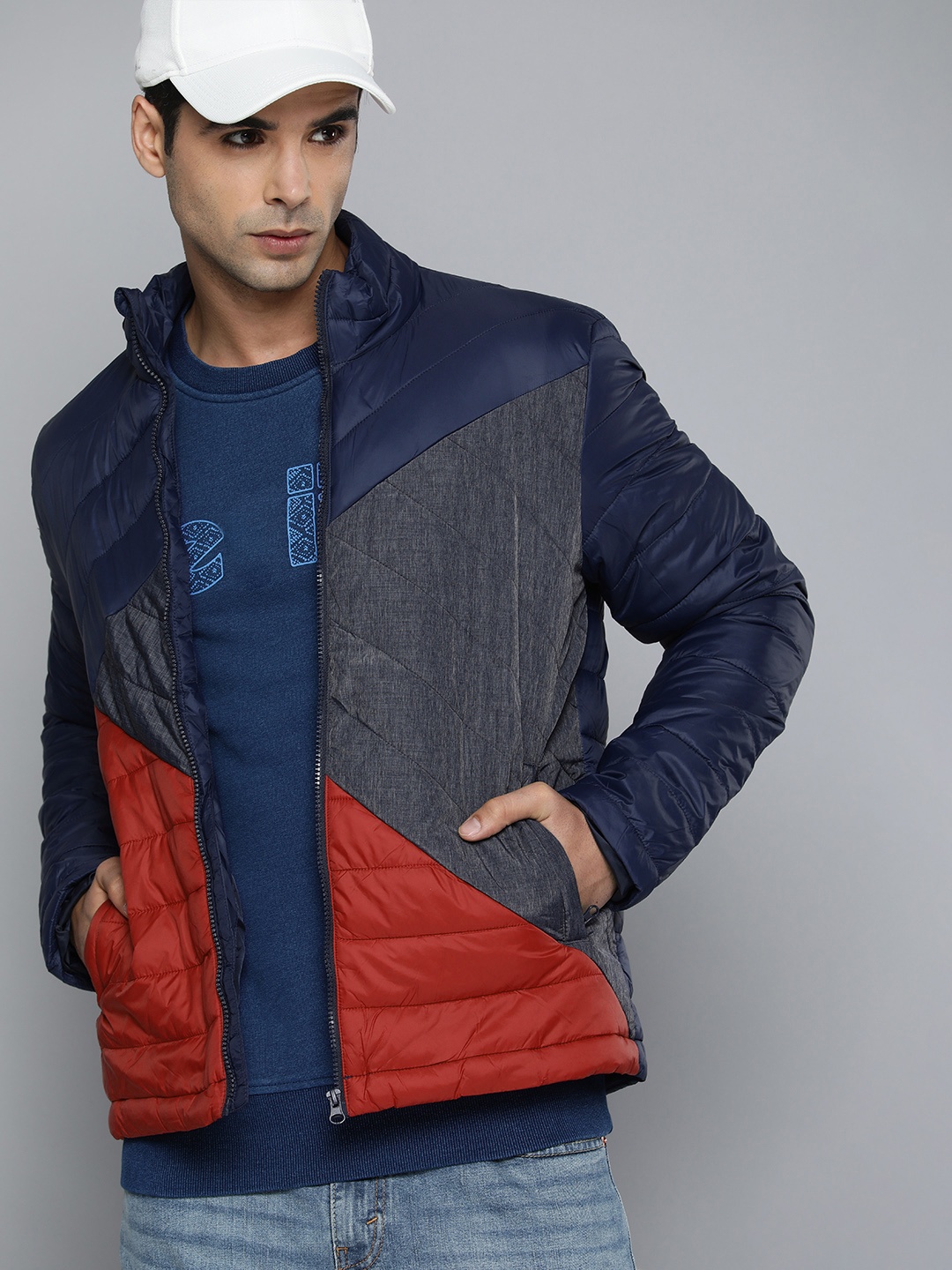 

Flying Machine Men Red & Navy Blue Colourblocked Padded Jacket