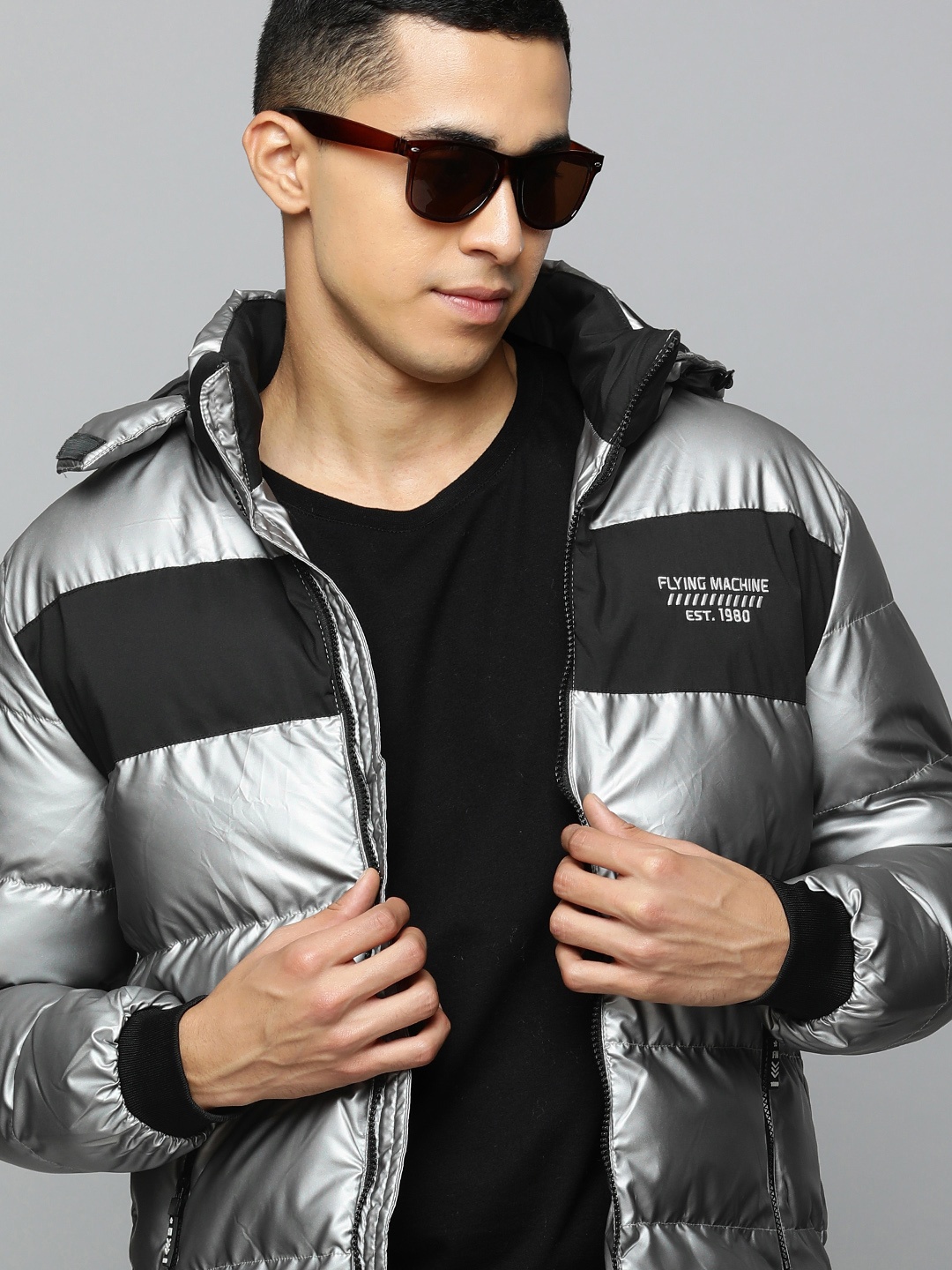 

Flying Machine Men Grey Black Colourblocked Puffer Jacket