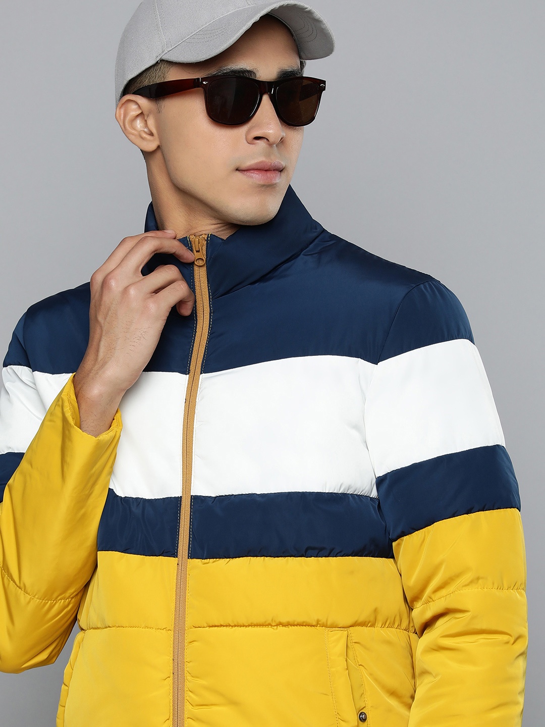 

Flying Machine Men Mustard Yellow & White Colourblocked Puffer Jacket