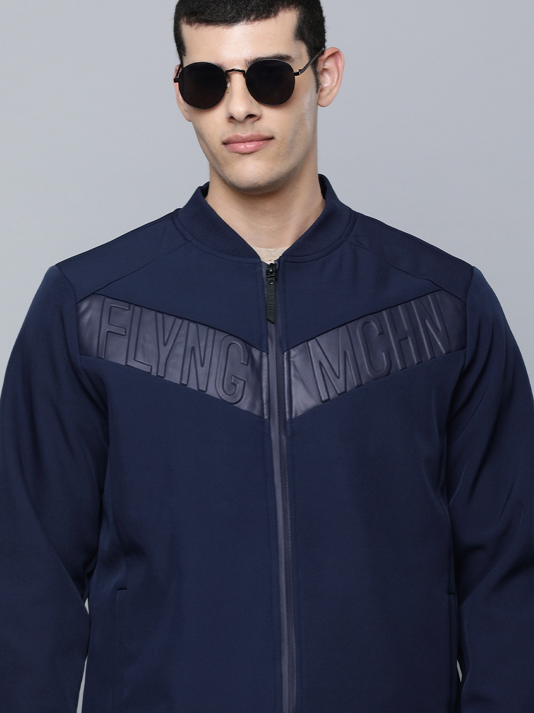 

Flying Machine Men Blue Brand Logo Applique Stand-Collar Bomber Jacket
