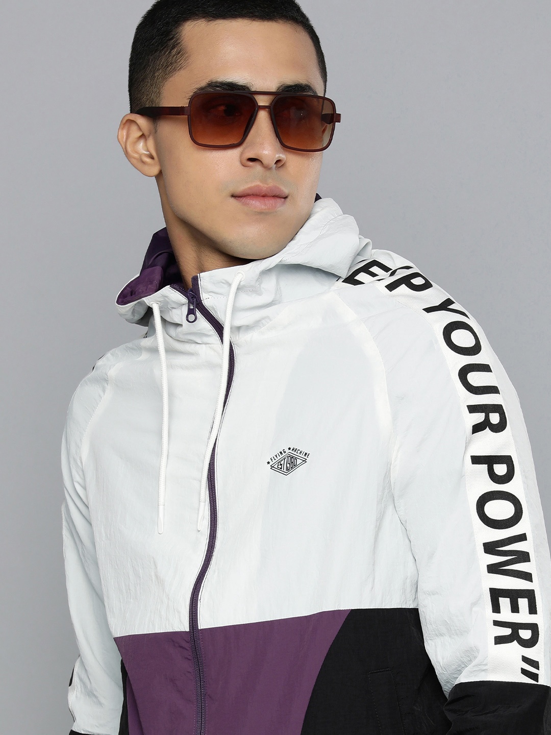 

Flying Machine Men White & Black Colourblocked Sporty Jacket with Print Detail