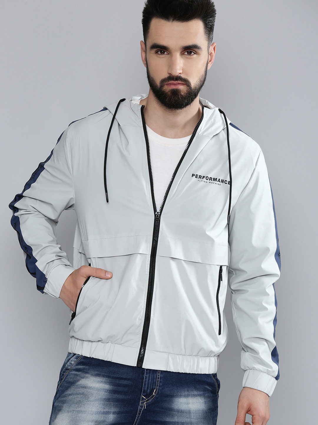 

Flying Machine Men Grey Lightweight Hooded Bomber Jacket