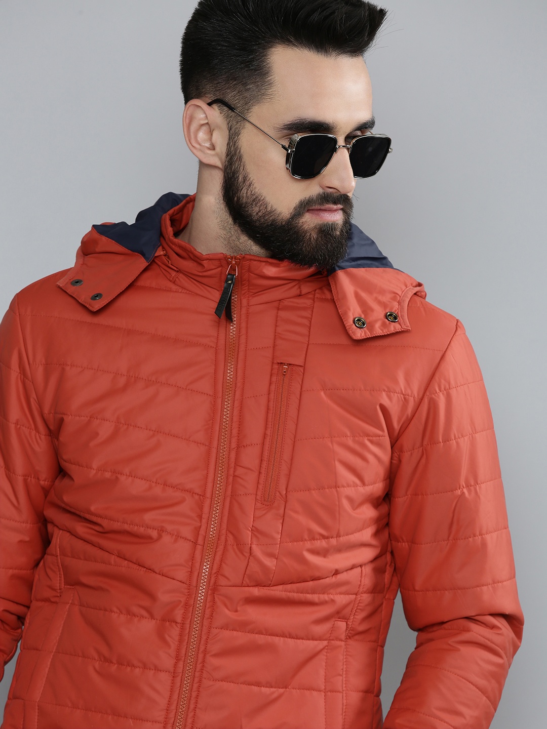

Flying Machine Men Rust Red Solid Hooded Puffer Jacket
