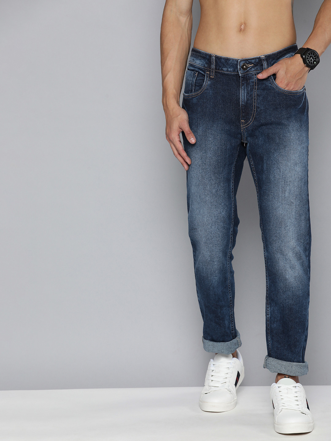 

Flying Machine Men Slim Fit Heavy Fade Acid Wash Stretchable Jeans, Blue