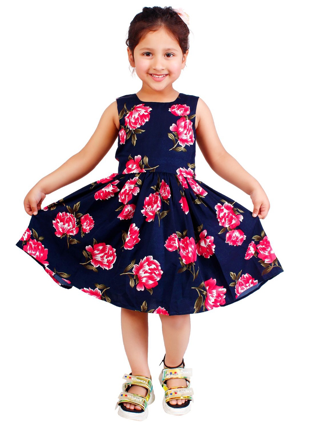 

R Cube Navy Blue & Pink Floral Crepe Dress