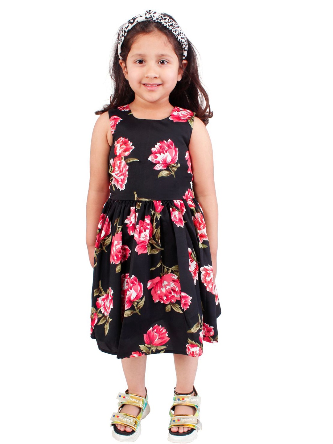 

R Cube Girls Black Floral Crepe Dress