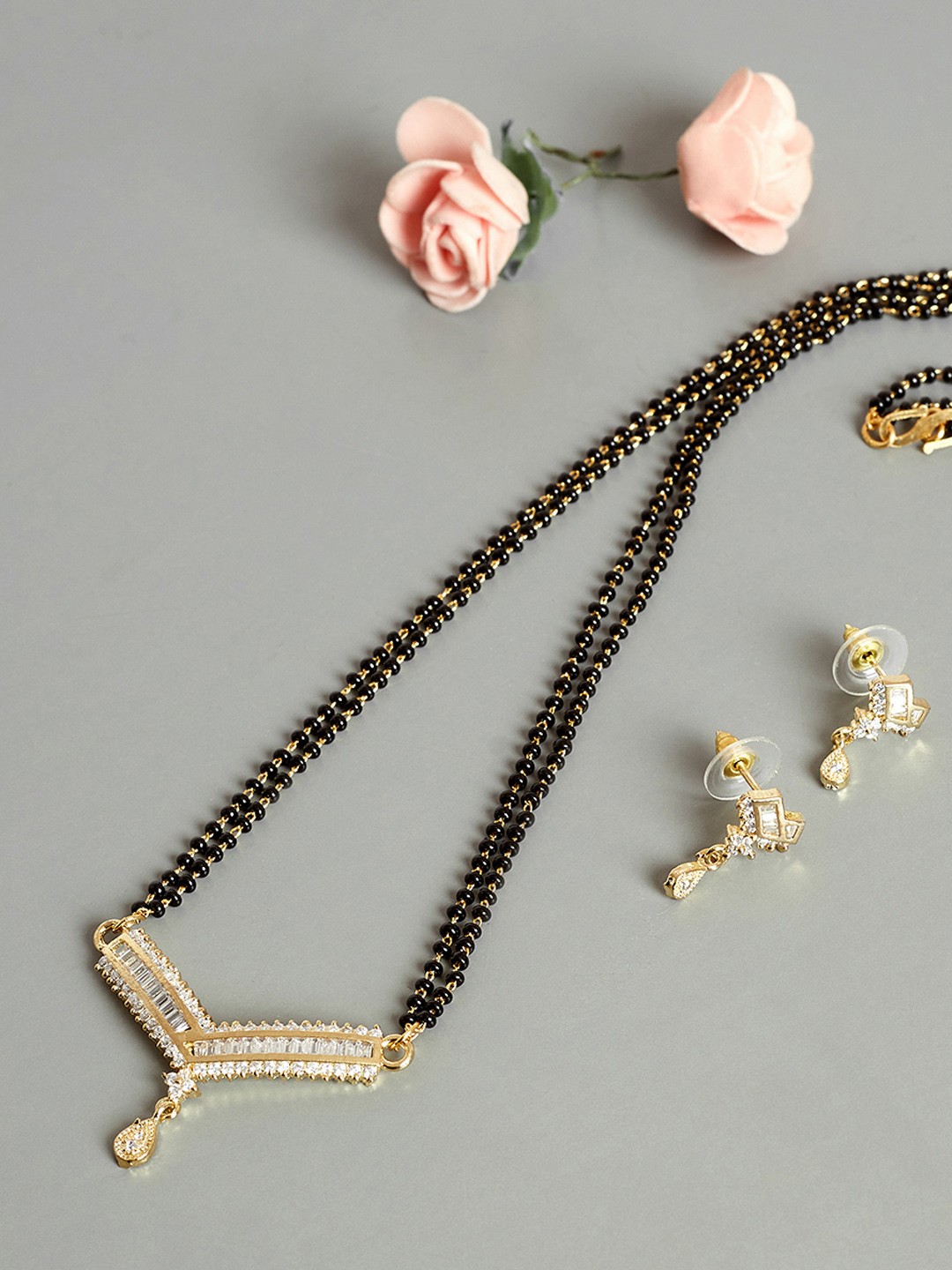 

PANASH Gold-Plated White Stone-Studded & Beaded Mangalsutra With Earrings