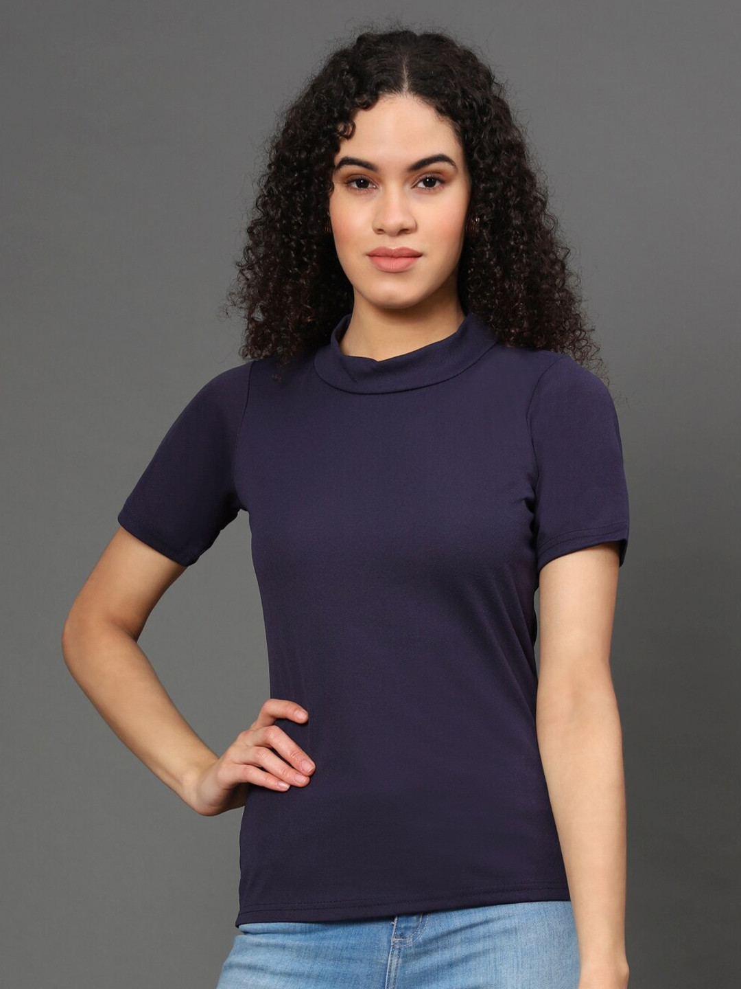 

WESTHOOD Women Blue Solid High Neck Top