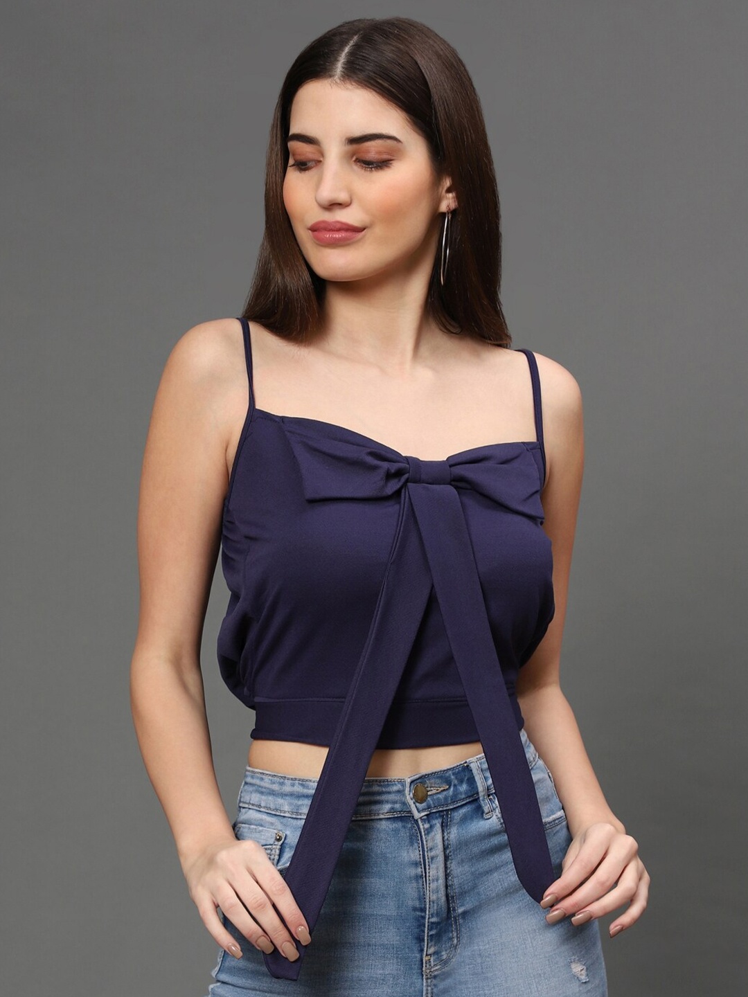 

WESTHOOD Blue Waist Tie Up Crop Top with Bow Detail