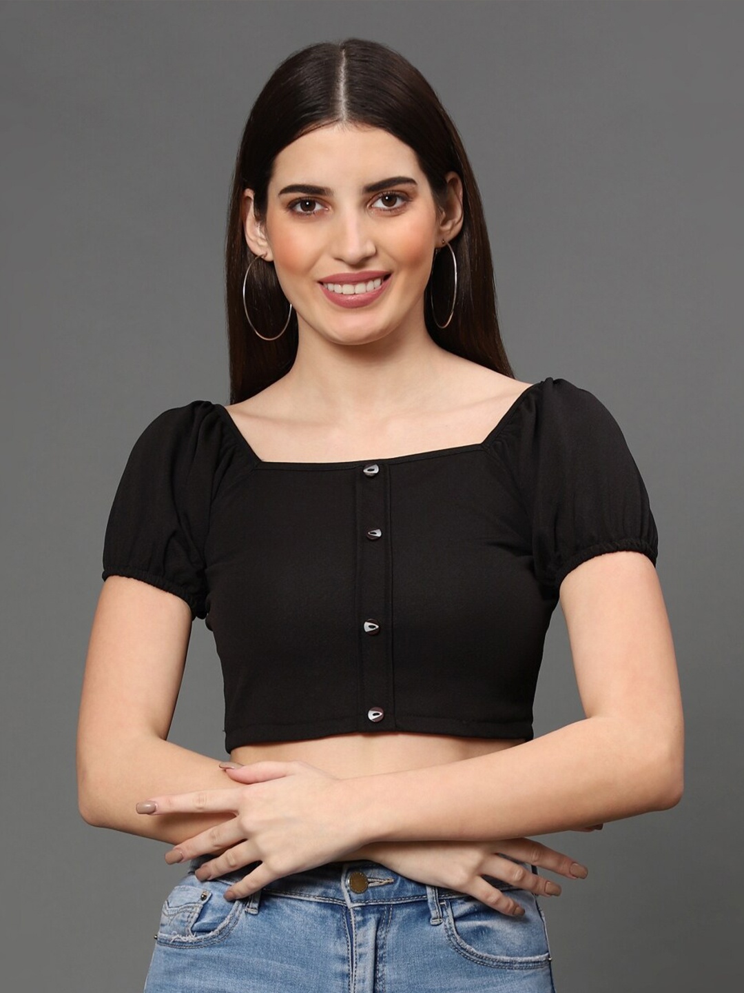 

WESTHOOD Black Puffed Sleeves Crop Top