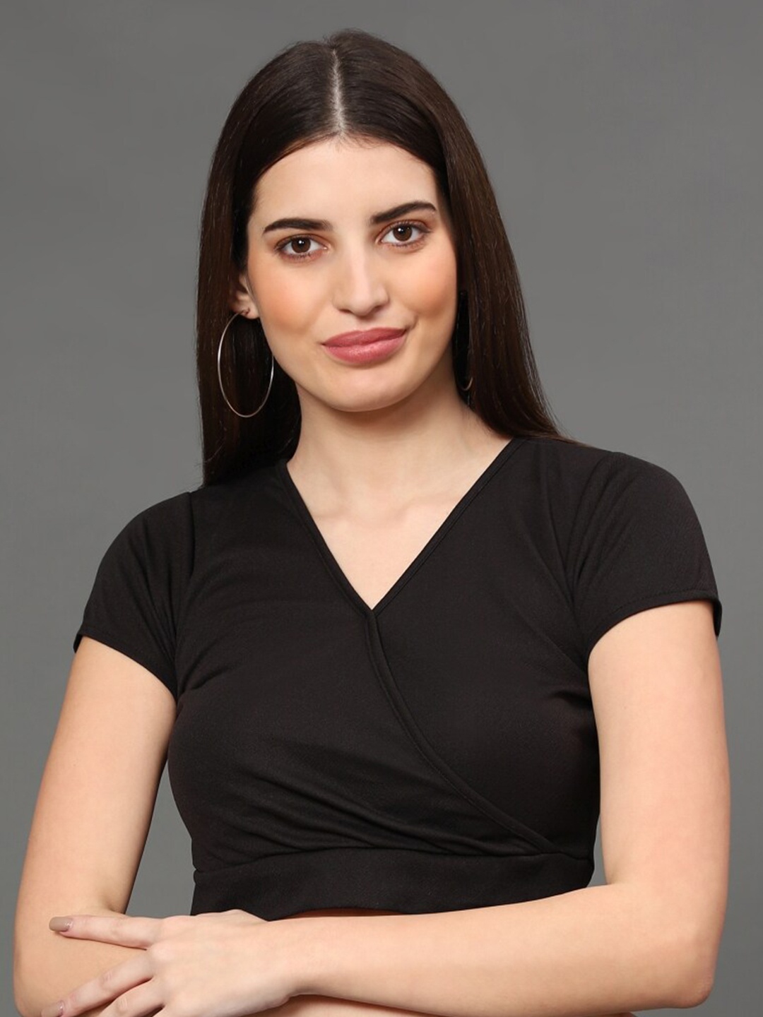 

WESTHOOD Women Black Solid V-Neck Wrap Crop Top