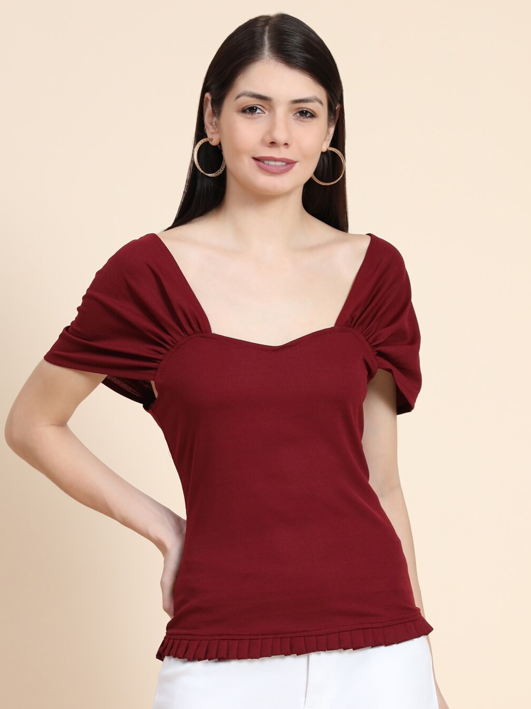 

WESTHOOD Women Maroon Solid Sweetheart Neck Top