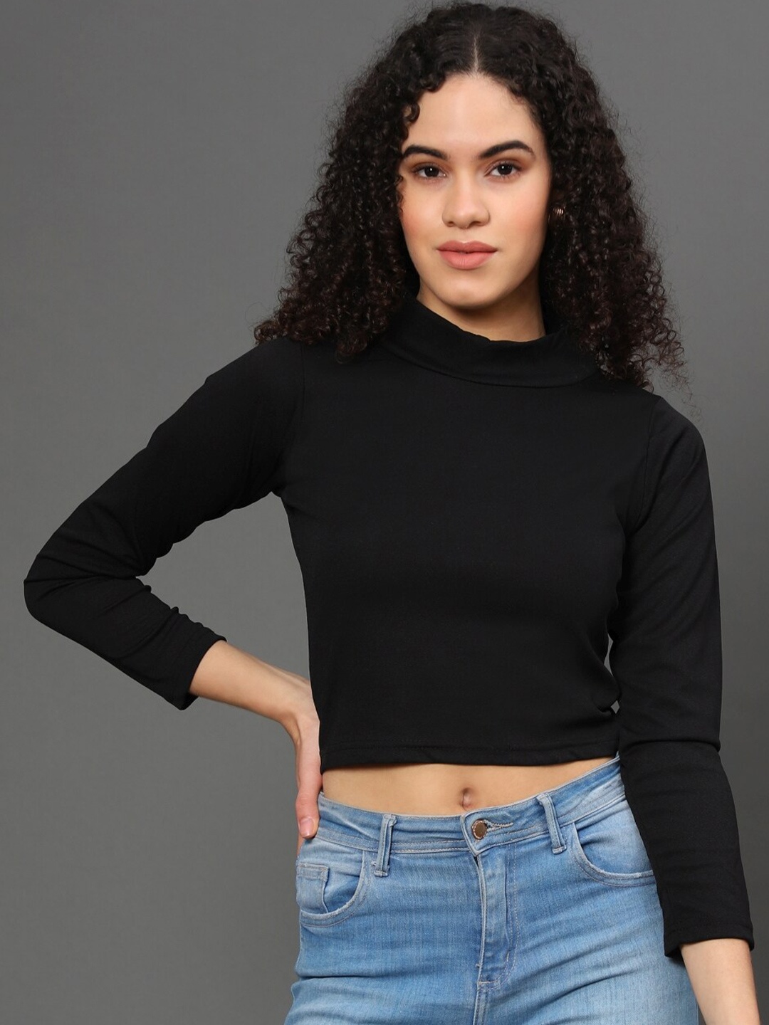 

WESTHOOD Women Black Solid High Neck Crop Top