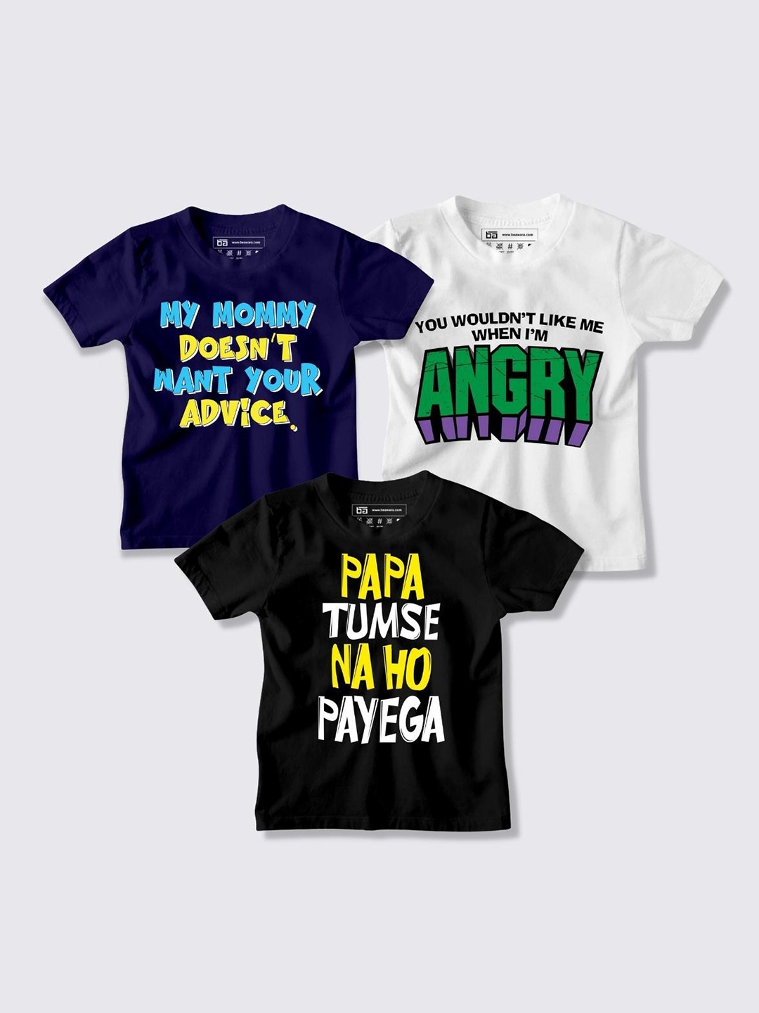

BE AWARA Kids Pack of 3 Navy Blue & Black Typography Printed Bio Finish T-shirt