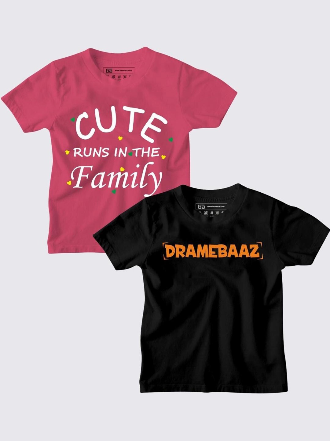 

BE AWARA Pack of 2 Unisex Kids Pink & Black Typography Printed Cotton T-shirt