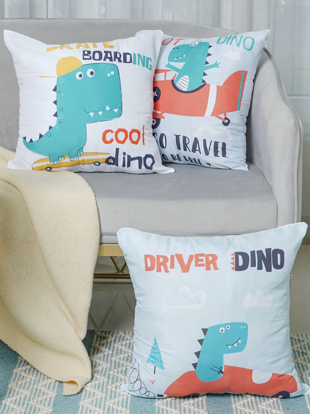

Nestasia Set Of 3 Multicolor Dinosaur Pillow Cover, White