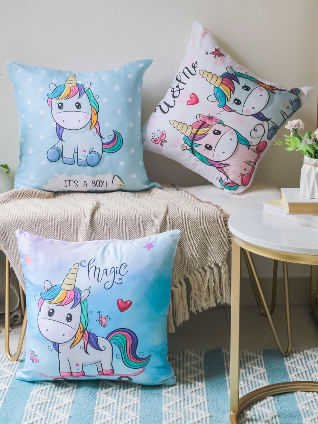 

Nestasia Multicolor Unicorn Car Cushion Cover Set Of 3, Blue