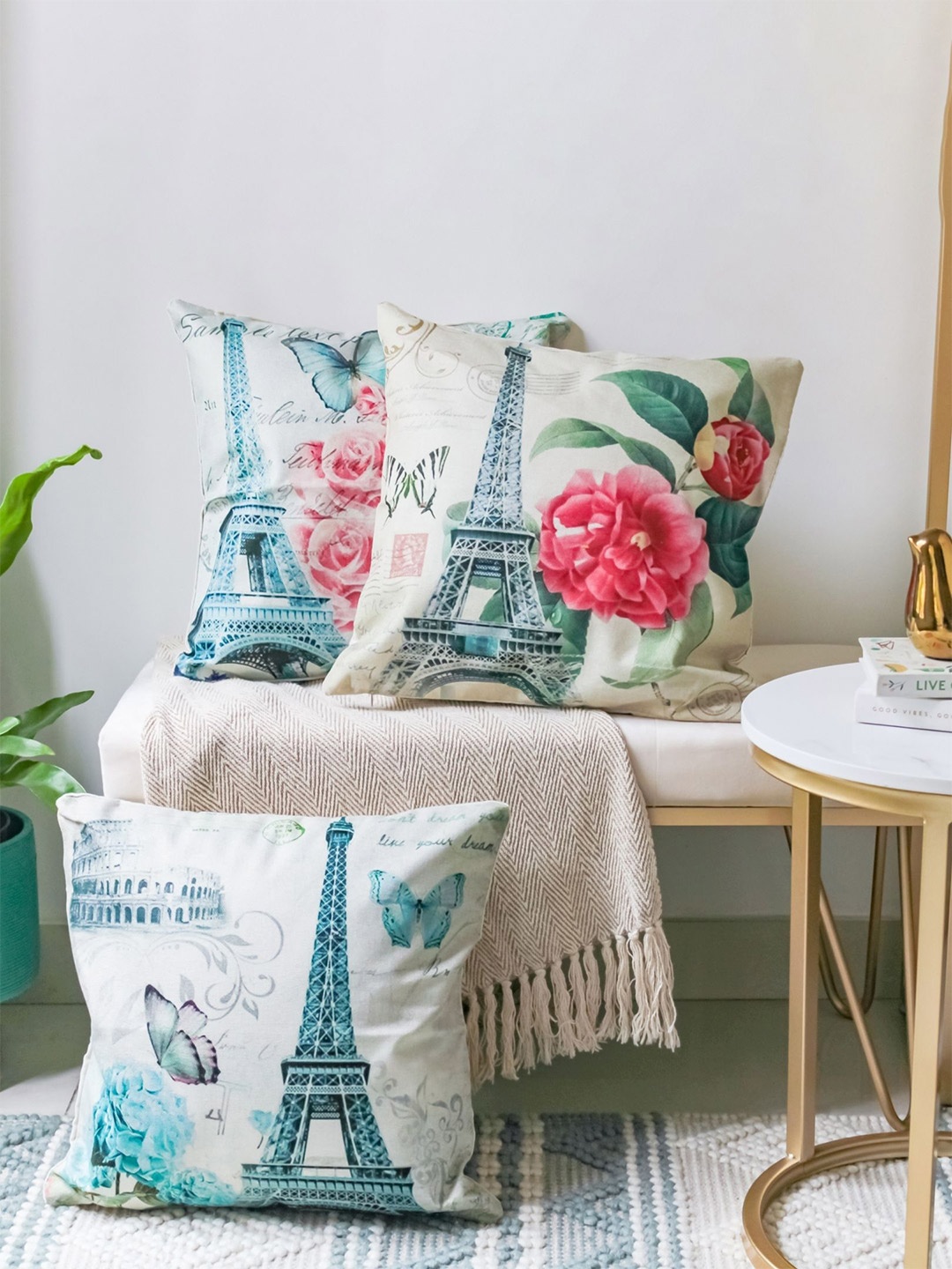 

Nestasia Set of 3 White & Blue Paris Square Cushion Cover