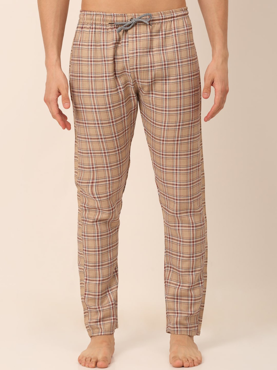 

JAINISH Men Beige Checked Pure Cotton Lounge Pants