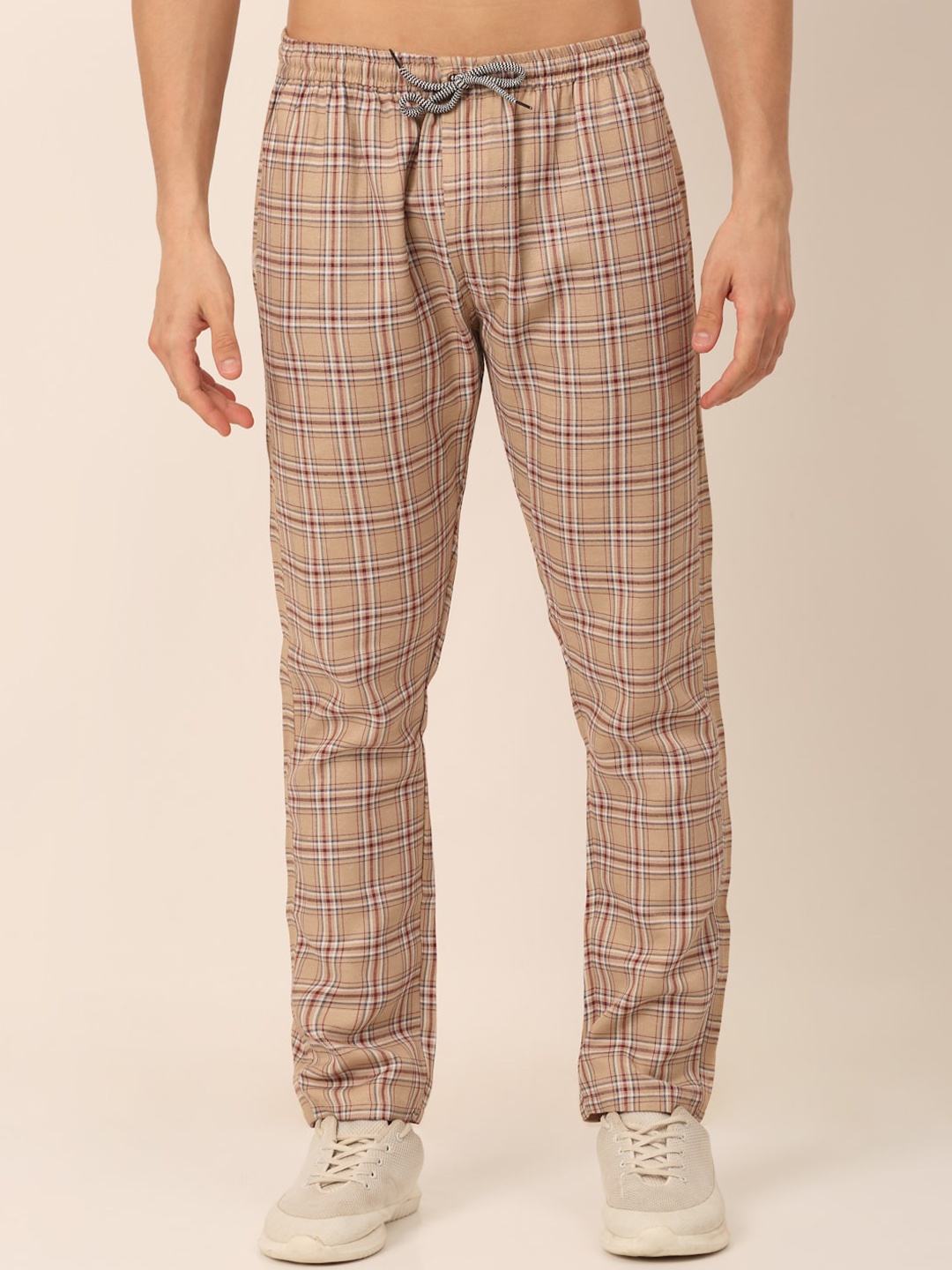 

JAINISH Men Beige Checked Cotton Track Pants