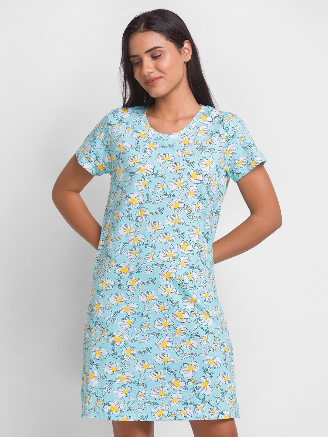 

XIN Blue Women Printed Pure Cotton Nightdress