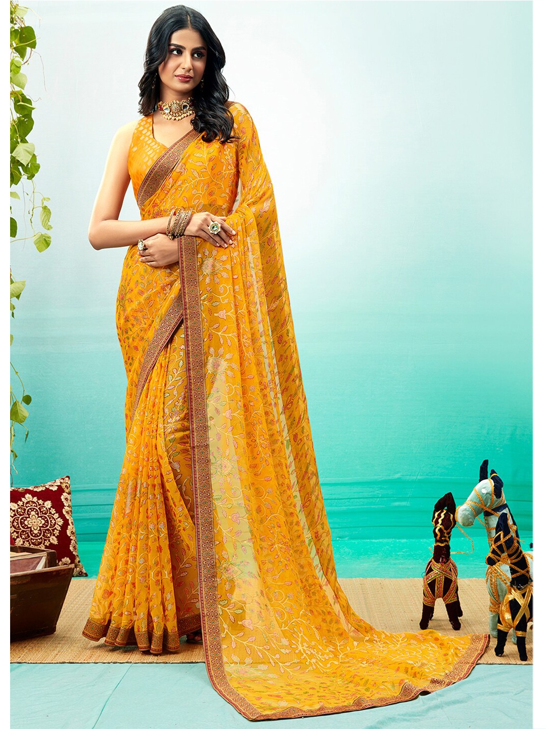 

Shaily Yellow & Brown Floral Party Brasso Saree