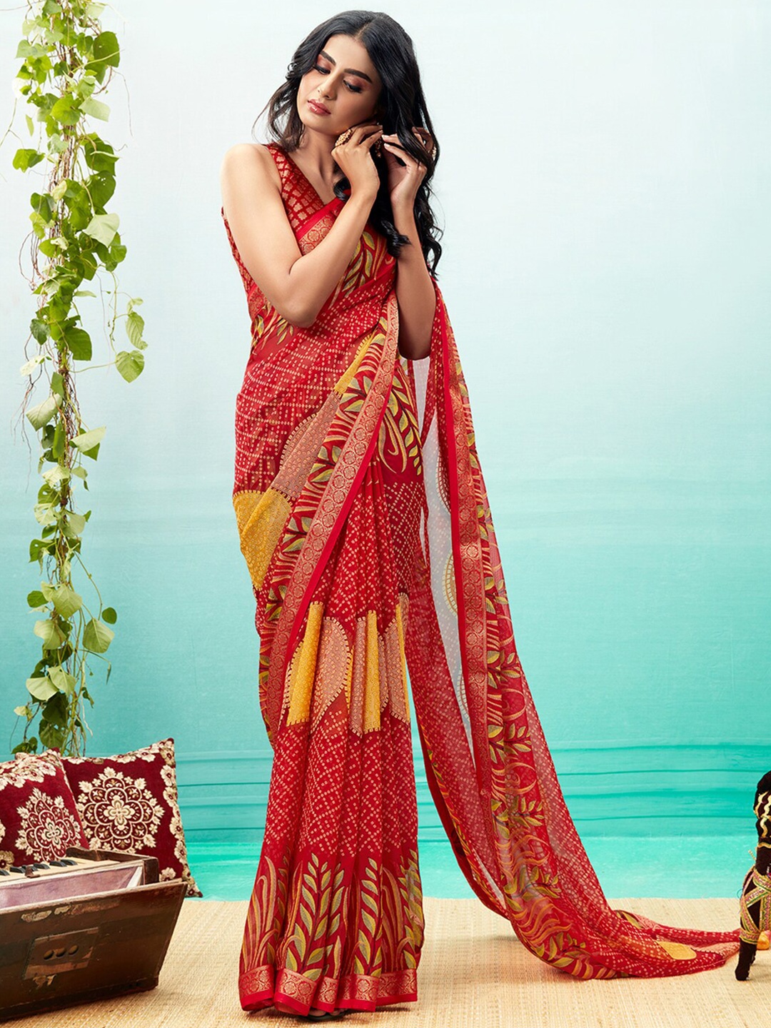 

Shaily Red & Gold-Toned Bandhani Brasso Saree