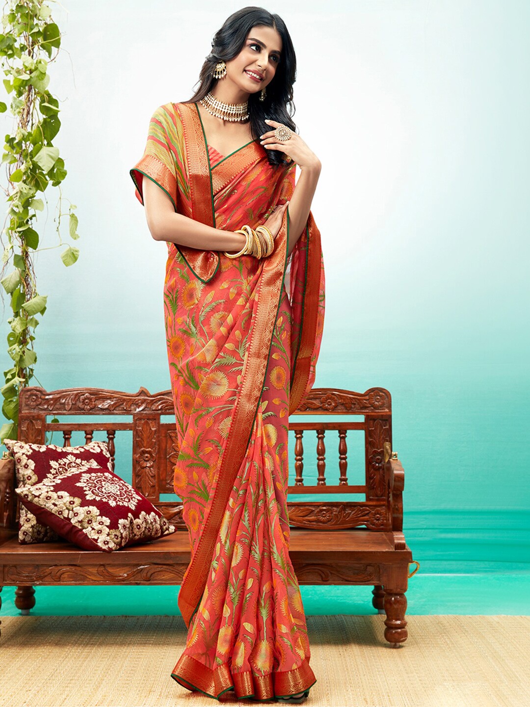 

Shaily Peach-Coloured & Green Floral Brasso Saree